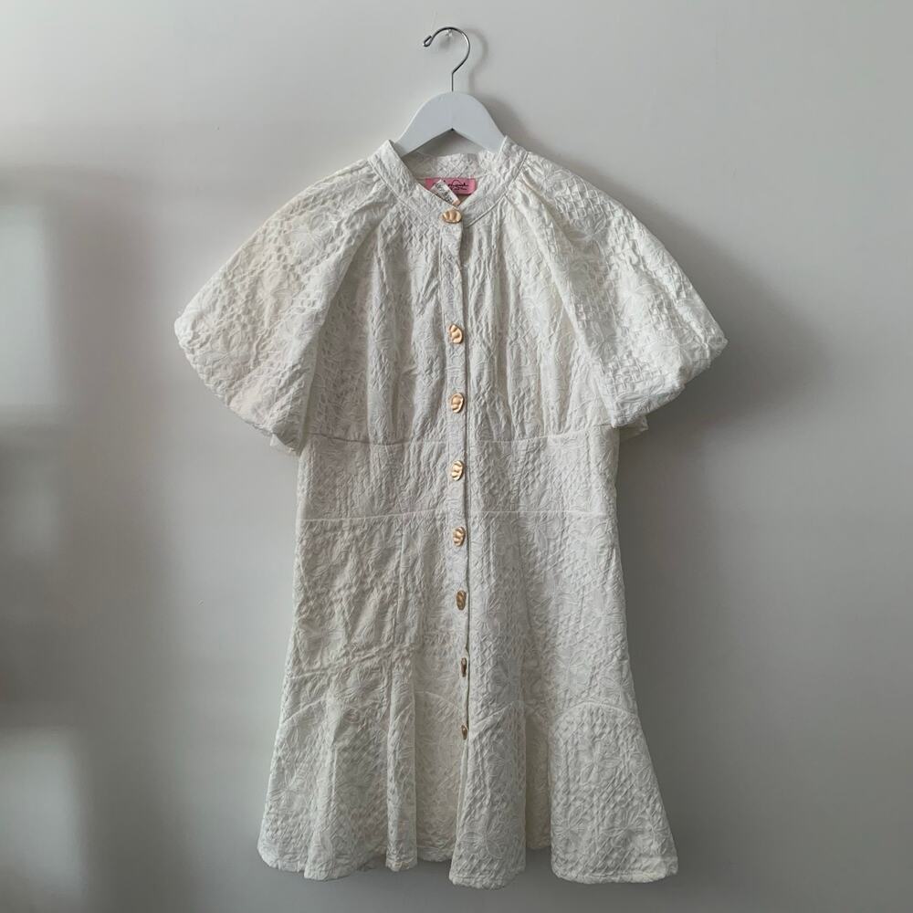 Jacquard Puff Sleeve Ivory Dress Size L